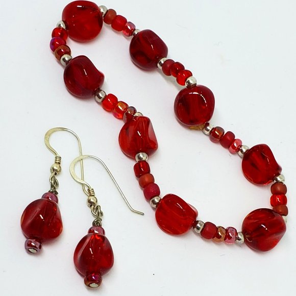 Bold Ruby Red Glass Bead Stretch Bracelet & Dangle Earrings in Sterling Silver - Picture 2 of 8